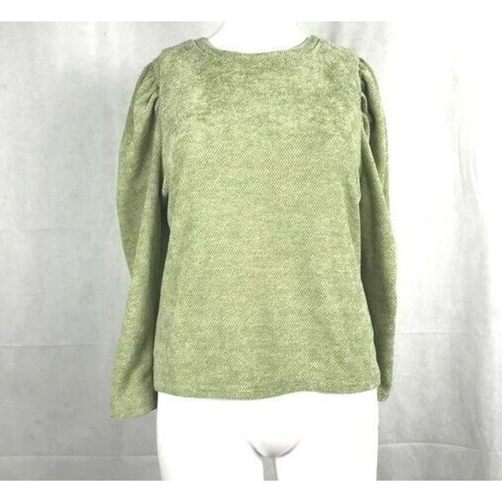 Love J Sweater Womens Sz L Green Puff Sleeve Solid Textured